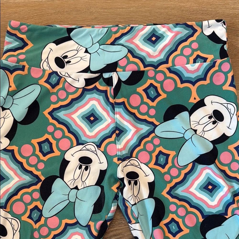 LuLaRoe Minnie Mouse Patterned Leggings Teal, Pink & Black - tall & curvy Medium